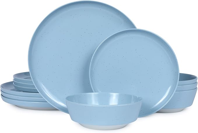 Webbylee 12-Piece Melamine Dinnerware Set for 4 – Unbreakable Plates &amp Bowls Lightweight Two-Tone Blue &amp Beige Ideal for Family Meals Camping Picnic Parties