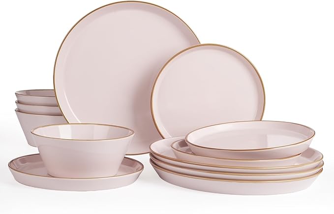 Famiware Saturn Dinnerware Sets Plates and Bowls Sets for 4 12 Pieces Stoneware Dish Set - Chip and Scratch Resistant Microwave and Dishwasher Safe Tableware Set Light Pink with Rim