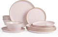Famiware Saturn Dinnerware Sets Plates and Bowls Sets for 4 12 Pieces Stoneware Dish Set - Chip and Scratch Resistant Microwave and Dishwasher Safe Tableware Set Light Pink with Rim