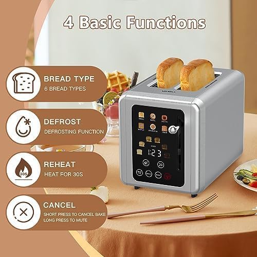 WHALL® Touch Screen Toaster 2 Slice Stainless Steel Digital Timer Toaster 6 Bread Types &amp 6 Shade Settings Smart Extra Wide Slots Toaster With Bagel Cancel Defrost Functions