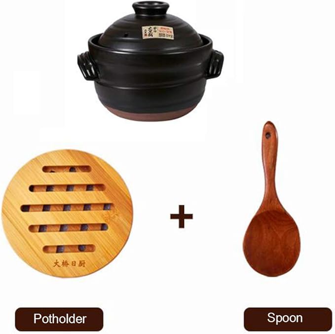 Clay Rice PotJapanese Rice Cooker with Double LidRound Ceramic CasseroleHeat Resistant Glazed Earthenware PotSlow Stew PotStockpotHot Pot Black 0.9l (Black 2.3L)