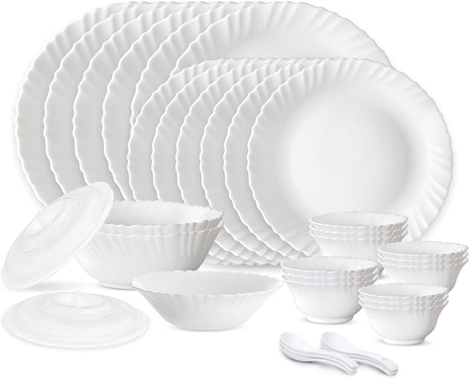Borosil Gourmet Dinnerware Set For 6 35 Pieces White Dinner Plates and Bowls Sets Chip Resistant Tempered Opal Glass Stain Resistant Dishwasher &amp Microwave Safe Dinner Set For Gifting Serves