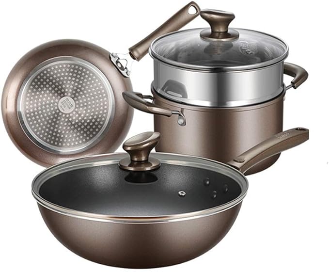 3Pcs Cookware Set Non- Stick Cookware Frying Pan Cooking Pot &amp Pan Saucepan with Glass Lid