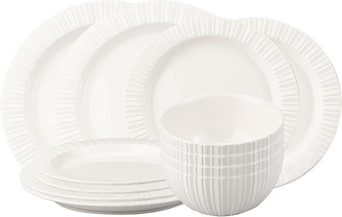 12-Piece White Ceramic Dinnerware Set - Rhine Series Service for 4 Includes Bowls Flat &amp Deep Plates Microwave &amp Dishwasher Safe