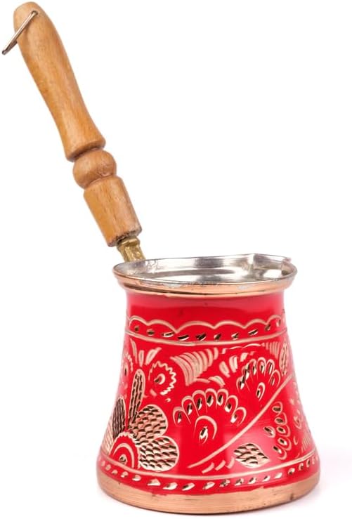 Copper Coffee Pot Set Erzincan Handmade 4 Person Traditional Turkish Coffee Maker Set with Handle for Home Kitchen Use Red - Red One Size