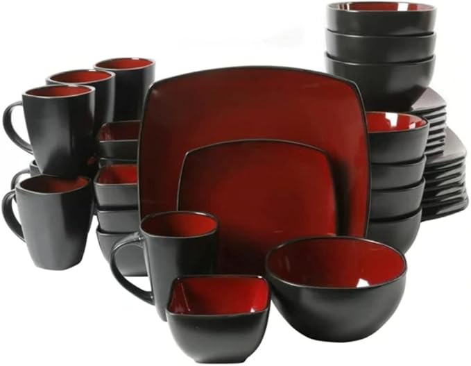 40 Piece Square Two-Tone Stoneware Dinnerware Set For 4 | Reactive Glaze FinishDishwasher &amp Microwave Safe Expertly Crafted | Perfect for Kitchen Dining Durable Red/Black Shade Modern Appearance