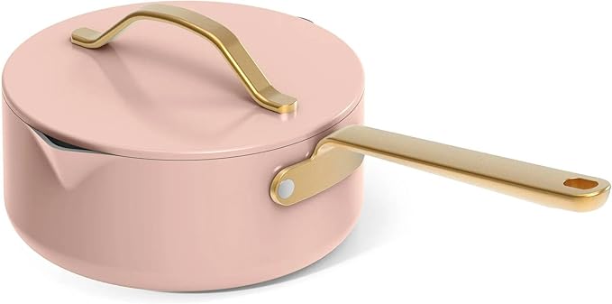 12-Piece Ceramic Nonstick Cookware Set with Lids Induction Compatible Pots and Pans Dishwasher Oven Safe Durable Ceramic Construction with Pour Spouts and Gold-Tone Handles (Rose)
