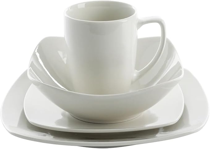16-Piece Square White Ceramic Dinnerware Set – Modern Fine Porcelain Dish Set for 4 Microwave &amp Dishwasher Safe