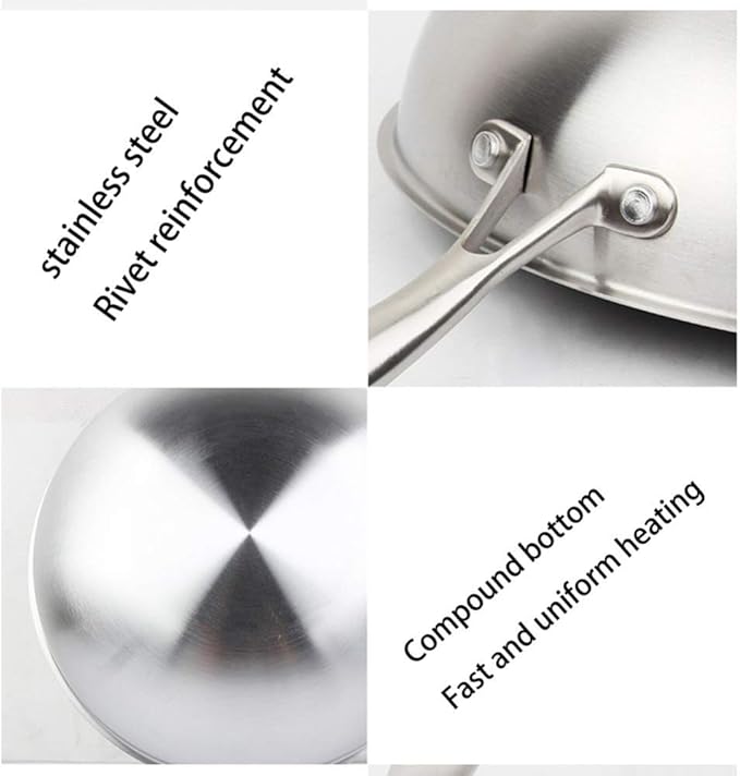 2 Pc Cookware SetDeluxe Quality Stainless SteelStock PotWokUncoated Non Stick Fry Panwith Tempered Glass CoverNon-Scalding Handle Suitable for Various Heat Sources Large Wok
