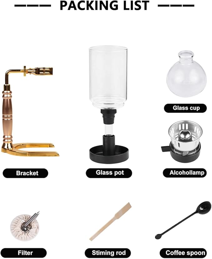 Japanese Siphon Coffee Maker Glass Vacuum Siphon Coffee Pot 5-Cup (600ml) with Alcohol Burner Adjustable Buffer Clamp Stainless Steel Bracket Base for Coffee Aficionados