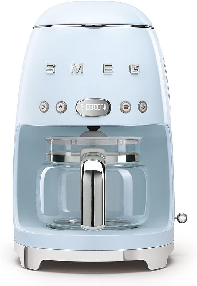 Smeg DCF02PBUK Drip Coffee Machine Auto-Start Mode Reuseable Filter Digital Display Anti-Drip System Aroma Intensity Option 1.4 Litre Tank Pastel Blue