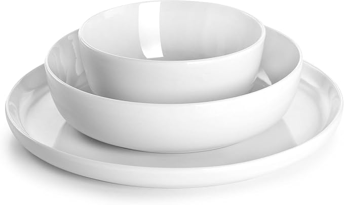 12 Piece Ceramic Dinnerware Set – Stackable White Plates and Bowls Fine Ceramic Dishwasher &amp Microwave Safe
