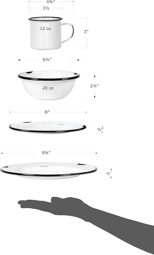 Red Co. 16-Piece Enamelware Metal Dinnerware Set for 4 Distressed White/Black Rim