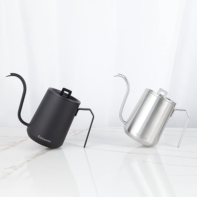 Easyworkz Gooseneck Pour Over Coffee Kettle 20 oz Stainless Steel Hand Drip Coffee Pot With Long Narrow Spout Brushed Silver
