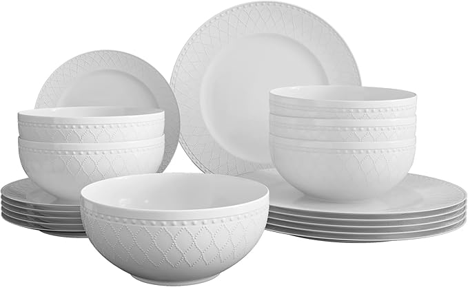 Yoshy 12-Piece White Bone China Dinnerware with Lightweight Durable Chip Resistant Design Service for 4 (18 Piece - Service for 6 Interlace)