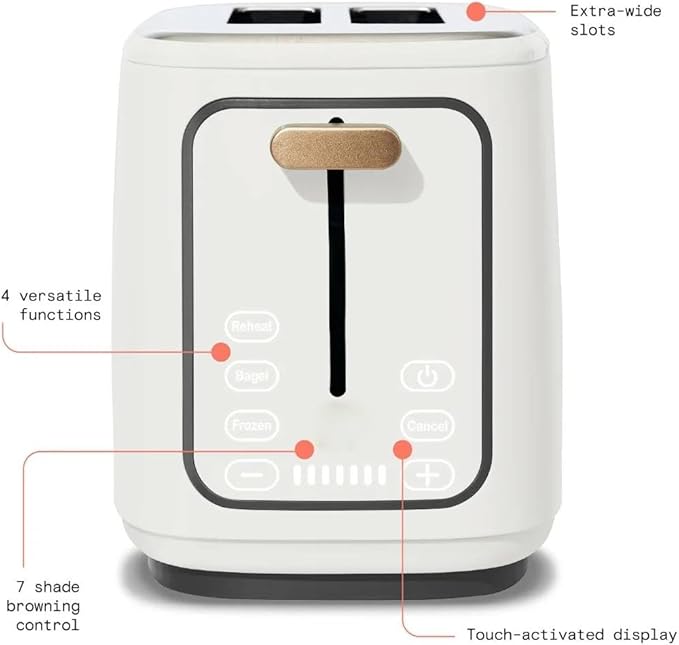 2 Slot Toaster with Touch Display Adjustable Browning Wide Slots White