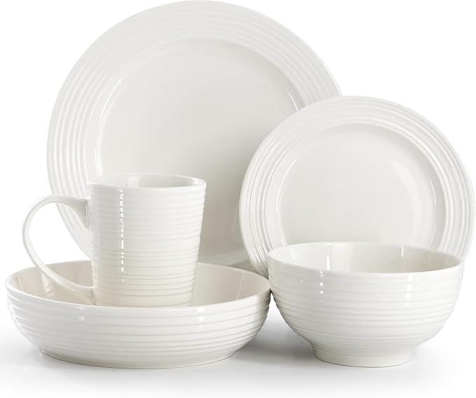 18 Piece Ribbed White Porcelain Dinnerware and Serving Bowl Set – Dishwasher &amp Microwave Safe Service for 6