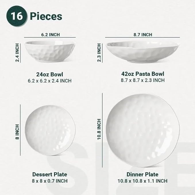 Large Dinnerware Set 16 Piece Service for 4 Plates and Bowls Sets for Dessert Salad and Pasta