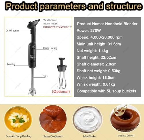 270W Stick Blender 20000 RPM Variable Speed Hand Mixer with Whisk Attachment Ideal for Baby Food Baking &amp Cooking Perfect for Home &amp Restaurant Use