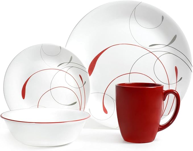 Corelle Splendor Chip and Break Resistant Dinner Set Glass Red/Grey Set of 16
