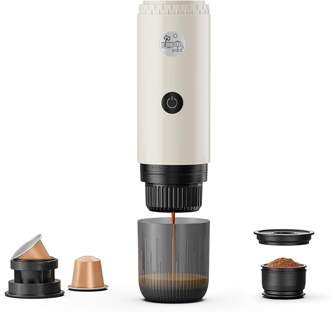 Portable Espresso Machine Mini 19Bar Rechargeable 2-in-1 Multi-Function Electric Coffee Machine One Key Extraction Compatible with NS Capsules and Ground Coffee for Office Home 7800MAH (White)