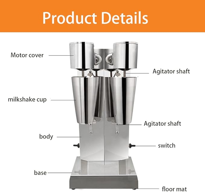 180W Commercial Milkshake Maker Machine Double head Milkshake Mixer Stainless Steel Drink Mixer with 2 Speed Adjustable and 1000ML Cup for Mixing Cocktail/Banana/Strawberry/Coffee/Milkshakes