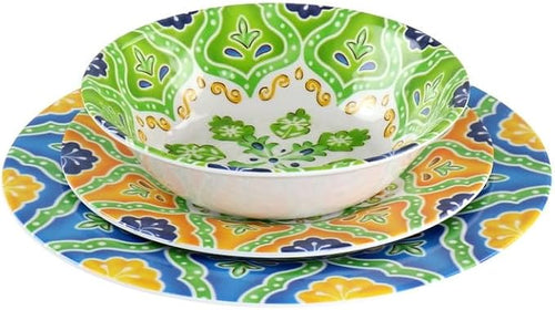 12 Piece Melamine Dinnerware Set – Colorful Dinner Plates Salad Plates &amp Bowls Durable Lightweight Dinnerware for Indoor &amp Outdoor Dining Service for 4