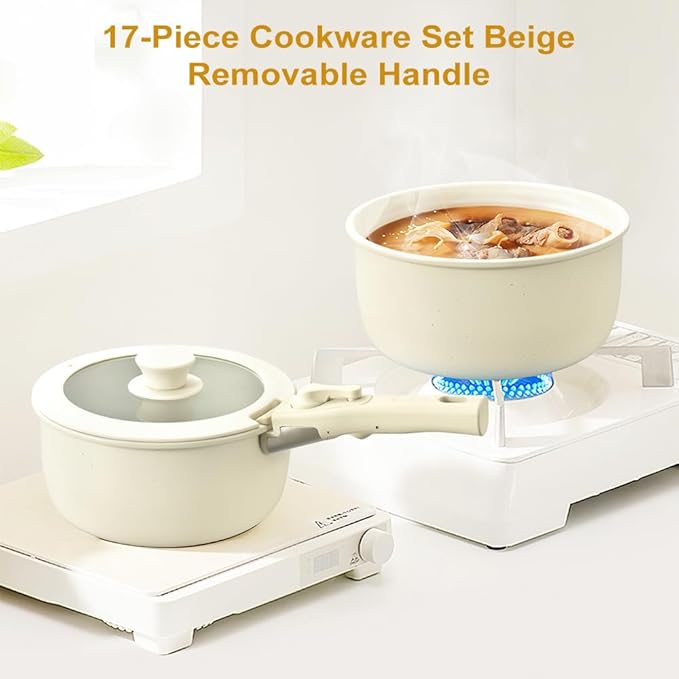 17pcs Pots and Pans Set - Non Stick Cookware Set Detachable Handle Stackable Cookware Set Ceramic Pots and Pans Kit with Cooking Utensils Oven Dishwasher Safe