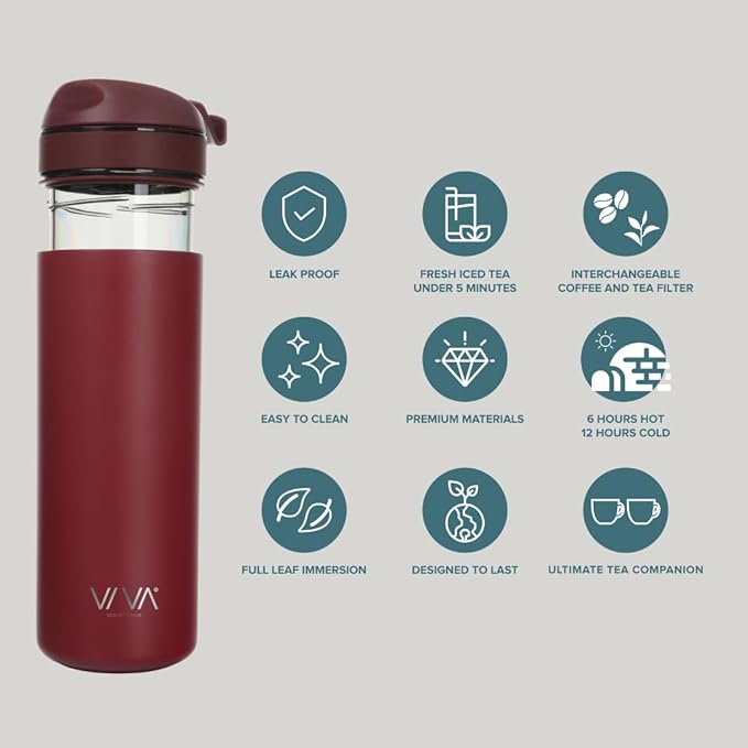 VIVA Recharge Cranberry Red Insulated Tea &amp Coffee Mug &amp Travel French Press Coffee Maker 16 oz Brew &amp Drink From the Same Coffee Mug On the Go or Camping