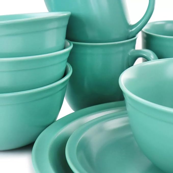 16 Piece Green Stoneware Dinnerware Set – Modern Dinner Plates Bowls and Mugs Durable Dishwasher &amp Microwave Safe Tableware for 4