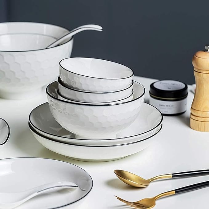 Dinnerware Set Plates and Bowls Sets 42 Pieces Black Line Stroke Porcelain Dinnerware Combination Set | Bump Texture Plates And Cereals Bowls Sets