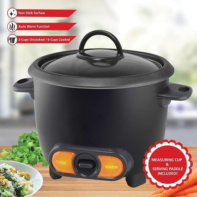 3 Cup Rice Cooker Non-Stick with Glass Lid – Compact 6 Cup Cooked Rice Maker with Spatula &amp Measuring Cup – Small Electric Rice Cooker for Kitchen Black