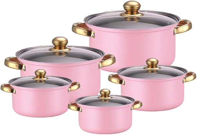 PHEZEN 10-Piece Basic Stainless Steel Pots - Home Kitchen Cookware Sets for Gas Electric Halogen Ceramic Induction Hobs (Pink)