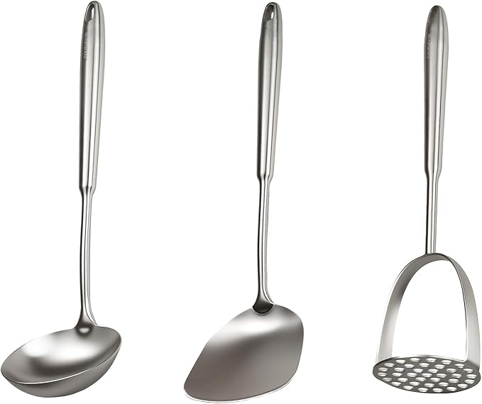 18/10 Stainless Steel Cooking Utensils Set 3 PCS Long Large Metal Cooking Utensil Tools Set Mirror Polished Kitchen Gadget Cookware and Kitchen Tool Set Dishwasher Safe