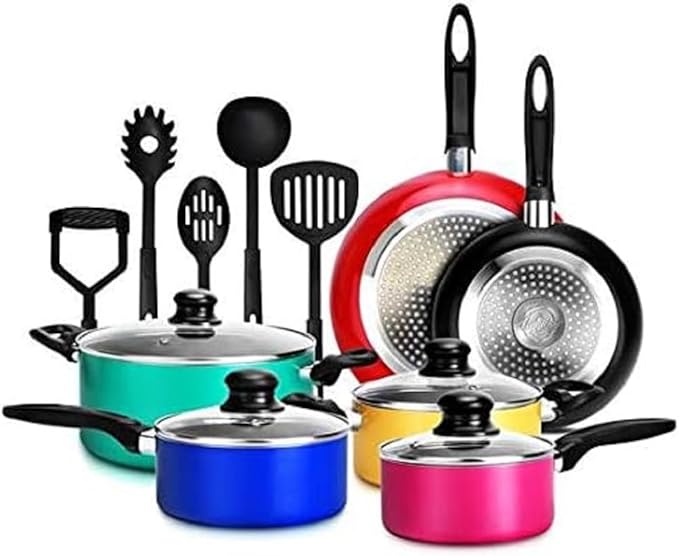 NutriChef 15-Piece Colorful Nonstick Kitchen Cookware Set | Heat Resistant Lacquer Kitchen Ware Pots and Pans Set w/Saucepot Frying Pans Pots Oven Pot Lids Utensil