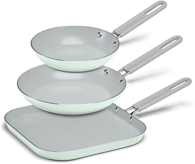 3-Piece Green Ceramic Cookware Set Non-Stick Ceramic Cookware Set with Frying Pans Healthy &amp Safe Green Pans Non-Stick Cookware
