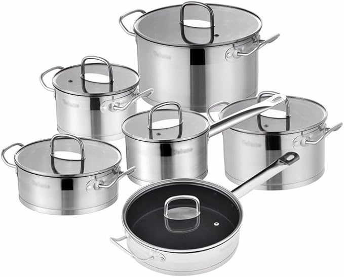 Cooking Pot Frying PanStainless Steel Kitchen Cookware Set 12 Piece Pan Set Nonstick Skillet Casserole with Glass Lid (