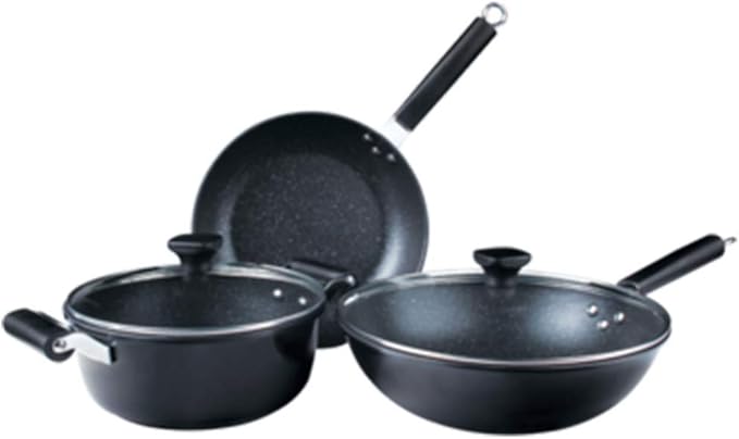 Saucepans and Frypans Set of 3–Non-Stick Tempered Glass Cover-Sturdy HandleUniversal Gas Induction CookerEasy to Clean Black Cookware Set