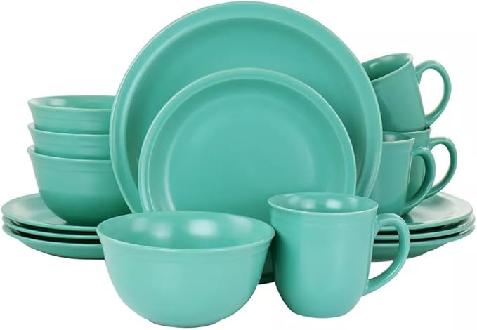 16 Piece Green Stoneware Dinnerware Set – Modern Dinner Plates Bowls and Mugs Durable Dishwasher &amp Microwave Safe Tableware for 4