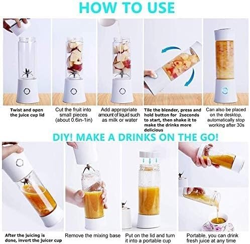 Portable Blender Smoothie Juicer Cup - Six Blades in 3D 480ml Fruit Mixing Machine with 4000mAh USB Rechargeable Batteries Mini Travel Juicer