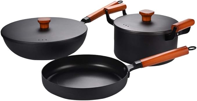 3 PC Household Iron Pot Cooking Soup Sturdy Uncoated Non-stick Cookware for Store Camping Kitchen Home