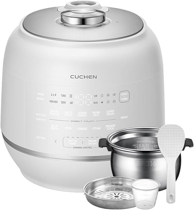 Cuchen 10-Cup Premium IH Pressure Rice Cooker with 316Ti Stainless Steel Inner Pot 2.1 Bar High Pressure for Multi-Grain &amp Canning Auto Steam Clean White (CRT-RPD1010IEWUS)