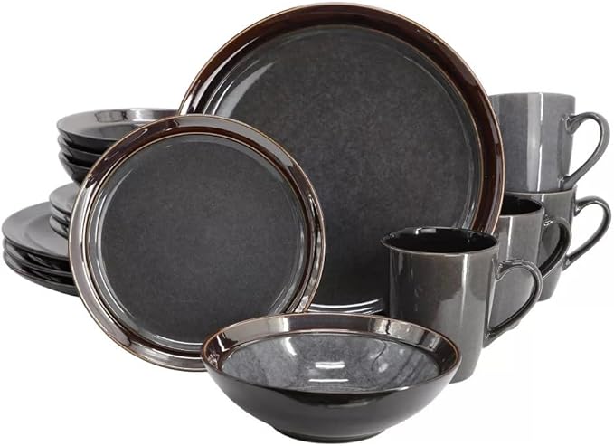 Priya 16 Piece Reactive Glaze Stoneware Dinnerware Set Service for 4 Plates and Bowls Microwave &amp Dishwasher Safe (Gray)