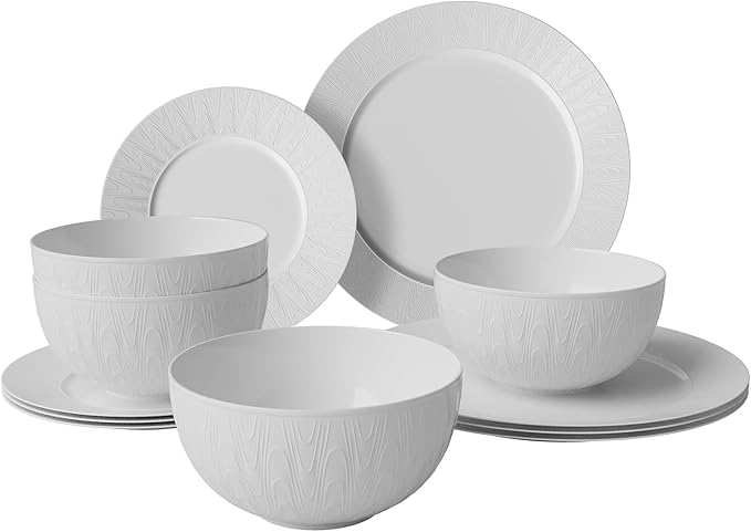 Yoshy 12-Piece White Bone China Dinnerware with Lightweight Durable Chip Resistant Design Service for 4 (12 Piece - Service for 4 Streamsong)