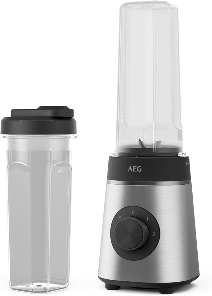 AEG MiniMixer SB4-1-4ST Blender / 350 W Motor / 23000 rpm / 2 Dishwasher and Shatterproof 600 ml Drinking Bottles / 4-Blade Knife/Control/BPA Free/Pulse Button/Brushed Stainless Steel