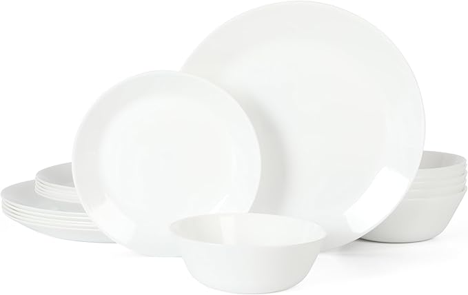 Martha Stewart Opalton 18-Piece Dinnerware Set – Chip and Break Resistant Opal Glass Plates and Bowls Lightweight White Dinner Set for 6 Microwave and Dishwasher Safe