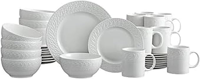 Pfaltzgraff Sylvia 32-Piece White Dinnerware Set Service for 8 Durable Stoneware Plates Bowls and Mugs Microwave and Dishwasher Safe
