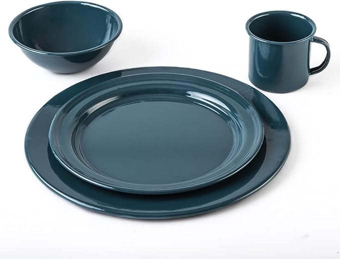 Cinsa 16 Piece. Enameled Dinnerware Camping/Outdoor Set for 4. Includes Plates Bowls Mugs Coffee Boiler