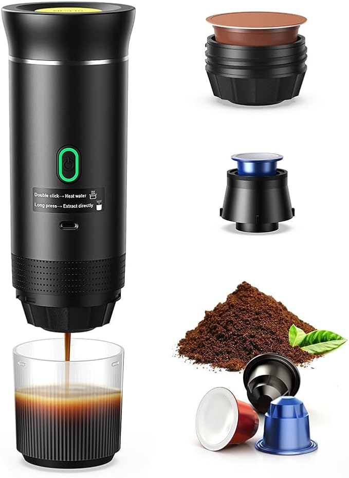 Portable Coffee Machine 15 Bar Mini Electric Maker Self Heating Hand Make Convenient and Versatile Usb C Car Charger Compatible with Ground Ns Capsule for Camping Hiking Office