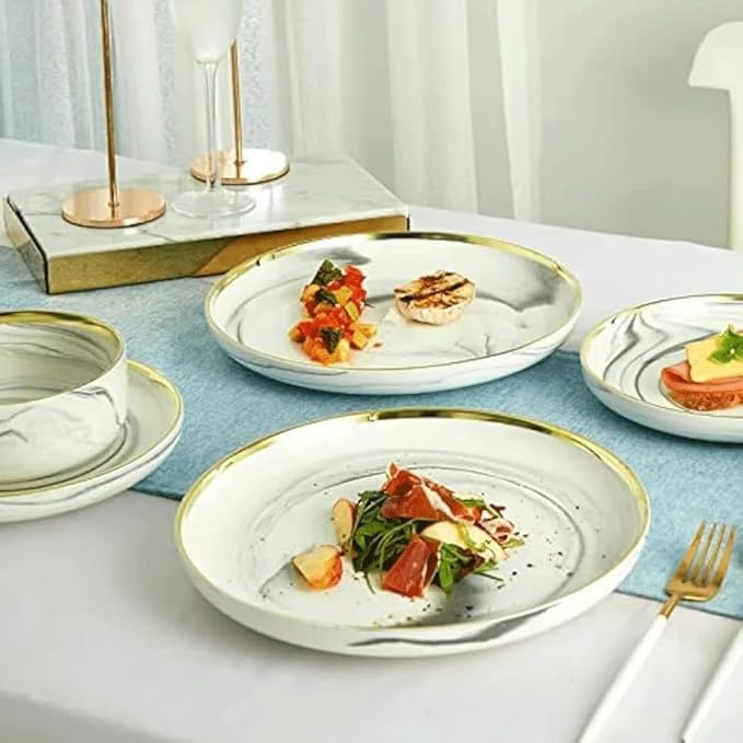 12 Piece Marble Porcelain Round Stoneware Dinner Dish Sets Dinnerware Plates and Bowls for 4